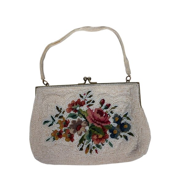 Unbranded Handbags - Vintage Floral Beaded Handbag Evening Bag White Pink Bridal Wedding Japan Made